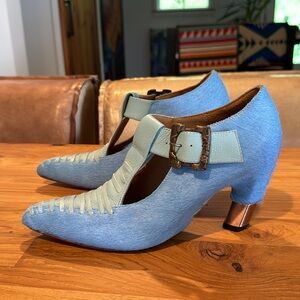John Fluevog Baby Blue pony and leather pumps w/copper heel caps. 8.5. Worn once